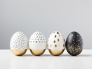 Collection of Elegant Easter Eggs with golden, white and black patterns on a grey background