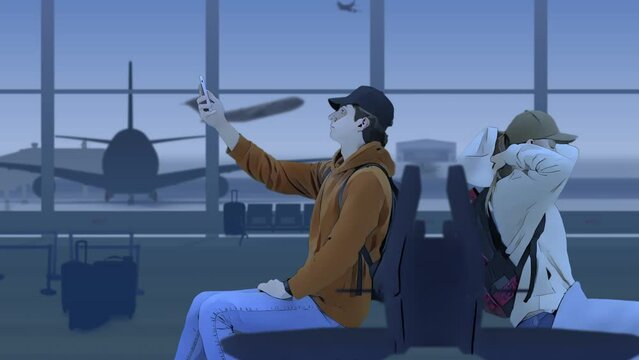 The frame shows an airport with a waiting room. Two people in are sitting on opposite sides, a man is taking selfies. A girl is taking a nap. In their background is a runway with airplanes