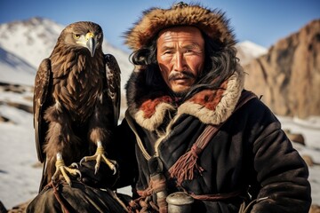 Portrait of a Mongolian man with his eagle