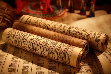 Papyrus scroll. Ancient Egyptian historic manuscripts. Generative Ai - obrazy, fototapety, plakaty