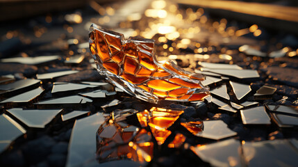Dangerous Debris: Broken Glass Scattered on the Street, Representing a Hazardous Situation Requiring Cleanup and Caution