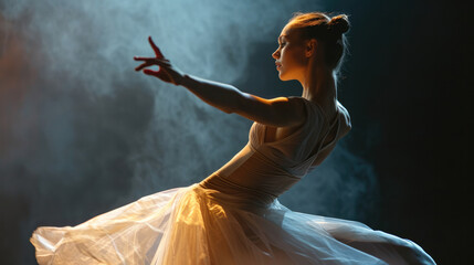 Ballerina dancing in Kotra colour on stage with a little smoke and dust, dramatic portrait of a ballerina