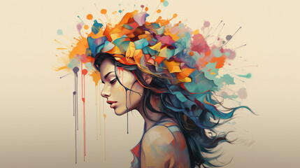 Creative illustration of a woman with colorful colors sprouting from her head. Creativity concept.