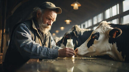 Farmer with Milk Bottle and Cow, Capturing the Essence of Dairy Farming and Sustainable Agriculture.