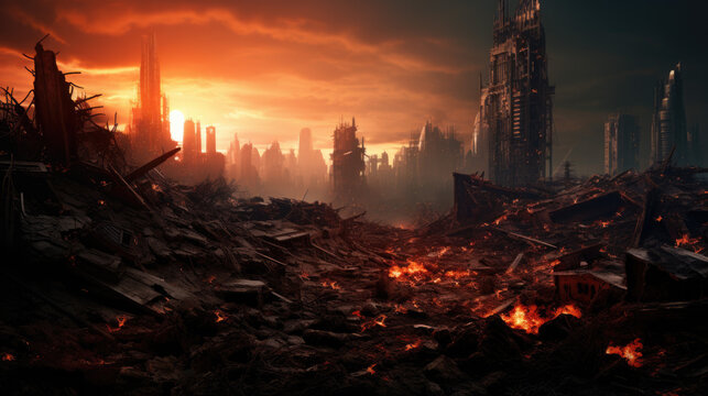 A destroyed gloomy city at night after an apocalypse