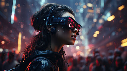 A young woman with cyber glasses on the street of a big city - obrazy, fototapety, plakaty