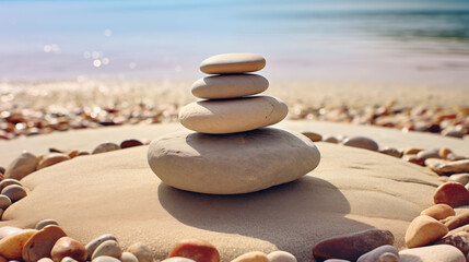 Fototapeta na wymiar stones piled on the sand by the sea, meditation