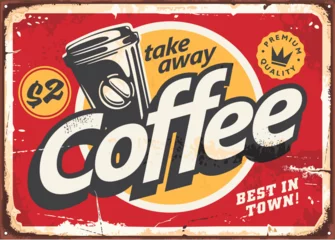 Fotobehang Take away coffee cafe bar advertising sign design. Inscription board template with coffee to go graphics. Hot drinks vector illustration. © lukeruk