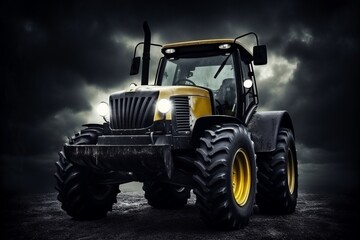 Fototapeta premium In this powerful image, a robust tractor is captured in the foreground, its headlights piercing through the ominous darkness. The dramatic storm clouds looming in the background create a striking