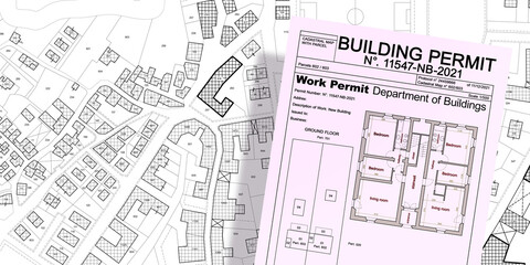 Building Permit concept with imaginary General Urban Plan and cadastral map
