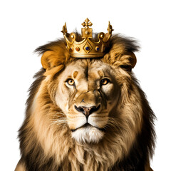 Royal Lion Portrait with a Gilded Crown, Sovereign Jungle Ruler, Half-Length View, Isolated on Transparent Background, PNG