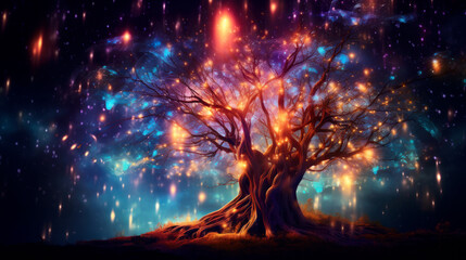 Magical glowing tree with fireflies