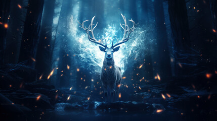 Silver glowing magical stag in dark forest - obrazy, fototapety, plakaty