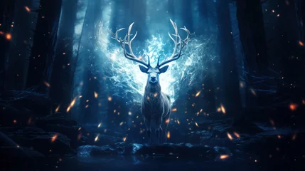Fototapeten Silver glowing magical stag in dark forest © Kondor83