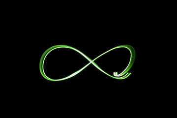 A photograph of an infinity loop symbol in vibrant green light in a long exposure photo against a...