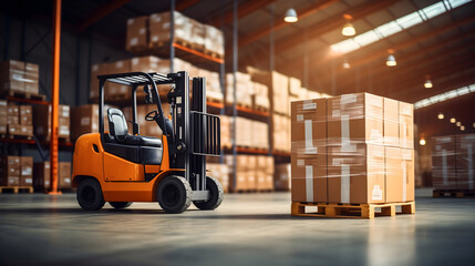 Orange and black forklift truck near the wooden pallet full of cartoon boxes in a warehouse full of containers and packages. Industrial storage vehicle doing product distribution, storehouse logistics - obrazy, fototapety, plakaty