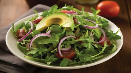 Fresh Arugula and Avocado Salad Tossed Together, Creating a Refreshing and Nutritious Green Delight