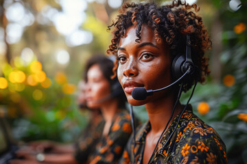Portrait of a confident young woman with headset working in a call center surrounded by nature. - obrazy, fototapety, plakaty
