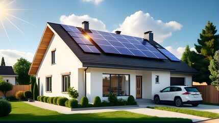  suburban house with a photovoltaic system on the roof. house with landscaped yard. Solar panels on the gable roof 