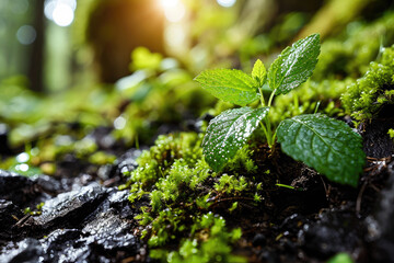 Fresh young plant sprouting from rich forest soil with green moss and sunlight highlighting the leaves.