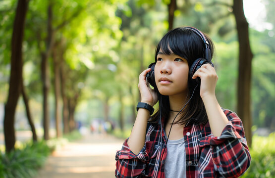 Portrait of beautiful modern Asian young woman listening to music with headphones at park.