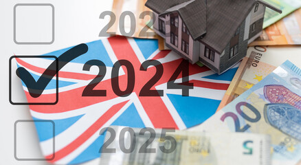 United Kingdom and Budget 2024 Title Flag Together - 3D illustration Fabric Texture