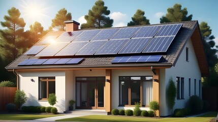 suburban house with a photovoltaic system on the roof. house with landscaped yard. Solar panels on the gable roof  - obrazy, fototapety, plakaty