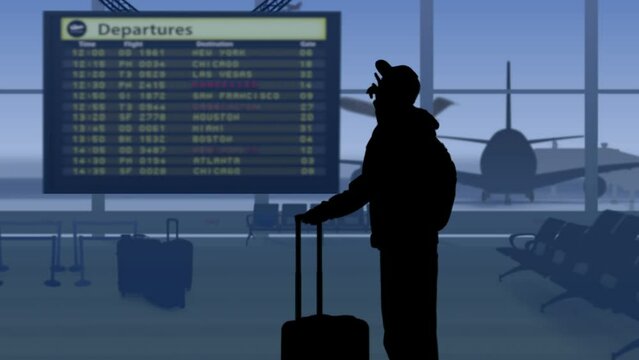 The frame shows an airport with a waiting room. The woman in the frame is going to the scoreboard, she missed her flight, she is sad, she is upset. Against her background is a runway with airplanes