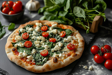 A fresh Spinaci pizza with a garlicky spinach topping, feta cheese, and cherry tomatoes, presented...