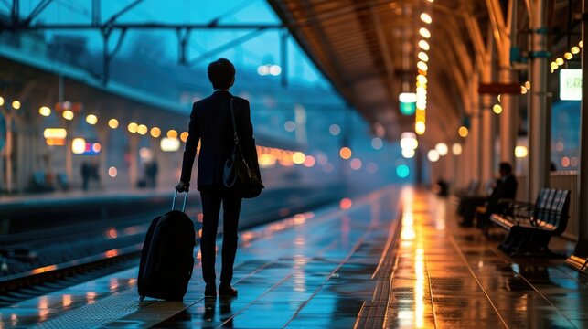 Silhouette of People Travel, walking with luggage in train station