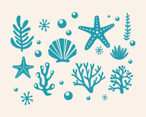 Marine life illustration pattern vector coral, shell, scallop, starfish, deep sea background layout silhouette printable - obrazy, fototapety, plakaty