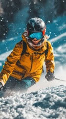 Fototapeta na wymiar Person skiing, modern snow gear, including a sleek, colorful ski jacket, goggles, and helmet