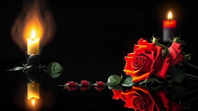 Single candle burns brightly near red rose in the darkness, symbolizing remembrance and reflection. Concept of memorial and reverence in a tranquil, respectful setting
