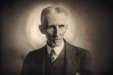 KI-generierte Illustration von Nikola Tesla im Stil einer historischen Fotografie - obrazy, fototapety, plakaty