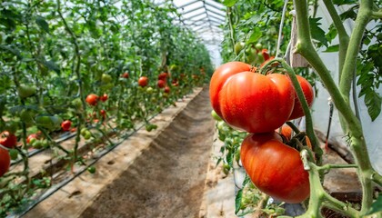 A tomato farm with big red tomatoes with green vines in the background in a greenhouse