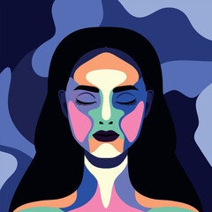 Beautiful woman face collage from different colorful shapes. Portrait of a woman beautiful young drawn from painted shapes. Vector illustration