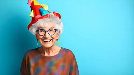 Funny old senior woman or grandma wearing a birthday hat, smiling and looking to the side. Aged female with glasses, funny elderly retired pensioner with gray hair and wrinkles. Blue wall background - obrazy, fototapety, plakaty
