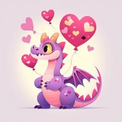 Cute cartoon dragon with heart shaped balloons