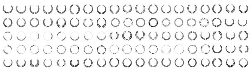 Collection of different black and white silhouette circular laurel foliate, Floral wreaths, award, achievement, heraldry, nobility. Vector illustration. - obrazy, fototapety, plakaty