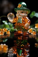 glass figurine of a leprechaun or saint patrick with a glass of beer