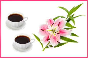 A cups of coffee and lily flower isolated on white. Collage. Free space for text.