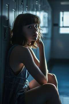 Student depression - sad teenage school girl sitting in dark locker room after gym