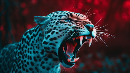 Close-up of a leopard in blue and red tones, roaring in the wild. Leopard hissing. Concept of Danger, Wilderness, Extinction. - obrazy, fototapety, plakaty
