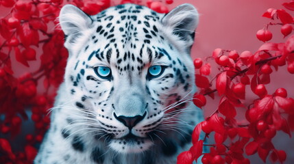 A snow leopard with blue eyes staring at the camera with red background with red leaves. Threatened With Extinction concept. Wild Animal Beauty.