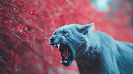 Close-up of a cougar growling in the wild in blue and red tones. A mountain lion showing sharp teeth. Concept of Danger, Wilderness, Extinction.