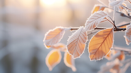 Frosty leaves on a branch