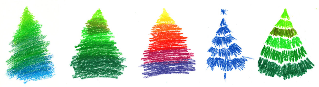 Christmas tree set. Christmas and New Year decoration concept. Hand drawn oil choke scetch illustration for Christmas or New Year card, poster, invitation, banner, illustration,  textile design.
