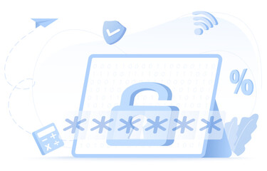 Cyber security and data protection concept. Security lock, encryption password, account protect. Authentication and identity to access data by binary code. Flat vector design illustration.