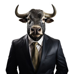 Anthropomorphic Animal Character: Bull in Corporate Dress, Isolated on Transparent Background, PNG