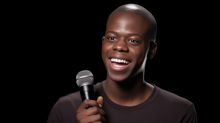 Young afro american man talks joke into microphone or sings songs. Stand up comedian on stage